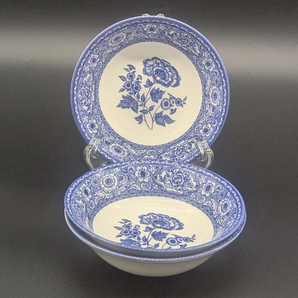 Queen's Rosemont Blue White Three Soup Or Cereal Bowls Flowers Light Rim Chips